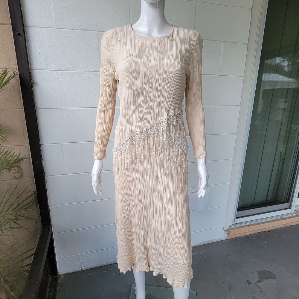 Vintage 80s/90s Willow Ridge Crinkle Lace Fringe Dress Cream Women's 8P Romantic